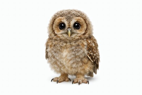 Young forest owl isolated on white, calm small raptor portrait, high-resolution studio cutout