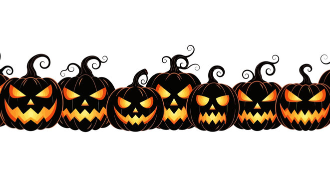 A row of carved black pumpkins with glowing orange eyes and mouths, creating a spooky Halloween decoration.