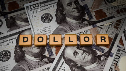 3D Rendered Wooden Blocks DOLLOR on US Dollar Banknotes Background, Currency Wealth Money Power and Financial Economy Concept Illustration