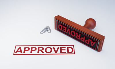 3D Rubber Stamp Illustration of Approved Text, Red Ink Stamp on White Background