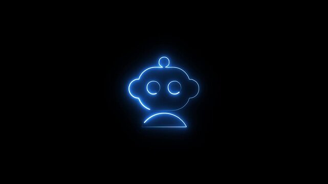 Cyan neon sign of Reddit alien logo Snoo glowing in the dark, digital art illustration
