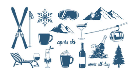 Detailed Après Ski Winter Holiday Vacation Collection Vector Icons Set Mountain Resort Elements © Bilkis Islam