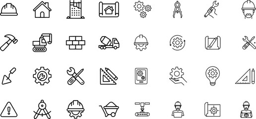 Construction and Engineering Outline Icons Set – Tools and Building Vector Collection © mdabid