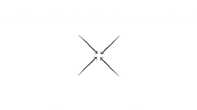 Diagonal arrows pointing to center grunge doodle animation. Focus inward to shared centralization. Animated hand drawn pointers. Dynamic sketchy rough direction. Distressed ink motion overlays