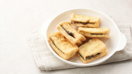 Tahu Petis, fried tofu filled with black shrimp paste. Indonesian food