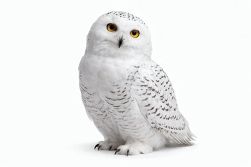 Fototapeta premium Snowy owl isolated on white, head turning arctic bird portrait, photorealistic calm expression