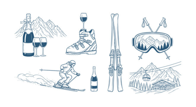 Winter Ski Resort Mountain Sports Vector Outline Illustration Set with Champagne and Cabin
