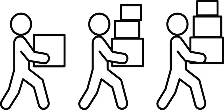Logistics icon set with stick figure carrying single box and multiple stacked cardboard packages for delivery