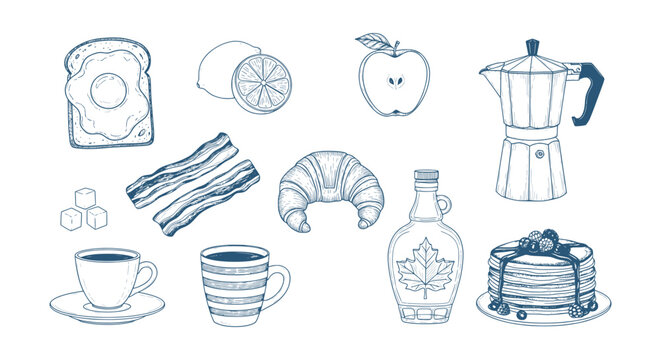 Vintage Hand Drawn Breakfast Food Elements Set Collection Sketchy Morning Meal Icons