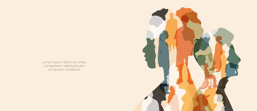 Silhouettes of different people in silhouettes of faces. Modern design.