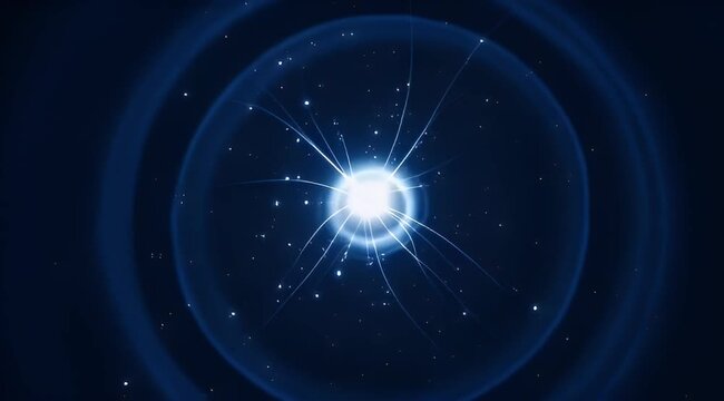 A vivid illustration of a central bright orb emitting light rays in deep space