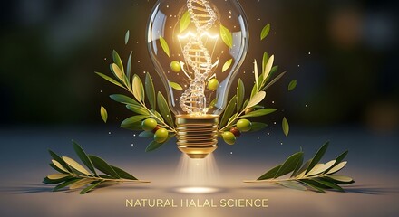 A lightbulb filled with olive branches and a glowing helix represents natural energy and scientific innovation.