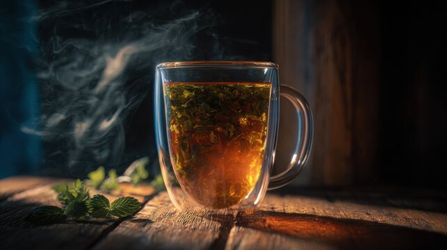 transparent double wall glass cup with herbal mint tea, dramatic side lighting, dark rustic wooden table, moody kitchen background, visible steam