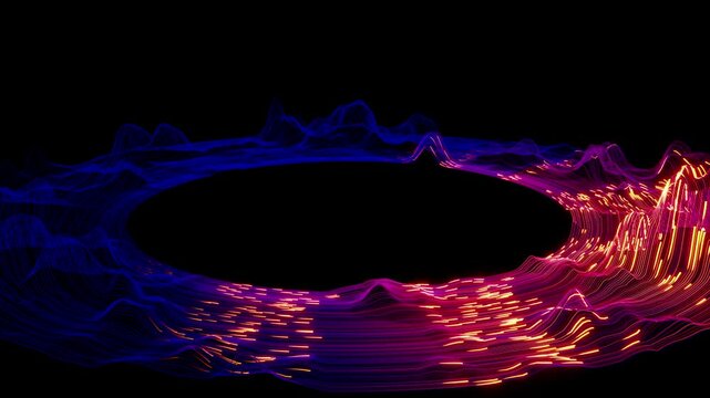 Horizontal 3D abstract neon wireframe grid energy lines background copyspace loop animation interface poster banner template mockup, sci-fi blue orange glow waves, futuristic data network