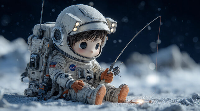 Cute chibi astronaut child fishing on the moon surface
