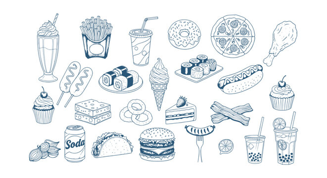 Hand Drawn Fast Food Doodle Vector Set Featuring Snacks, Desserts, and Refreshing Drinks