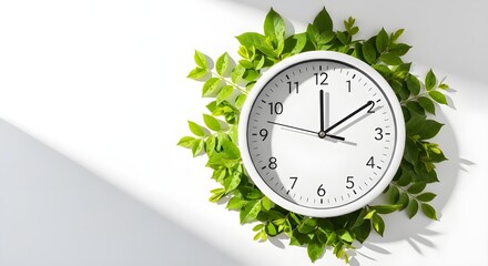 A vintage clock surrounded by green leaves on a white background