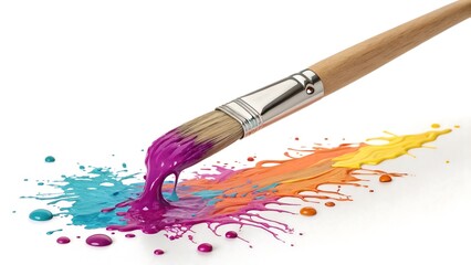 Fototapeta premium A paintbrush dripping with vibrant colorful paint on a white background