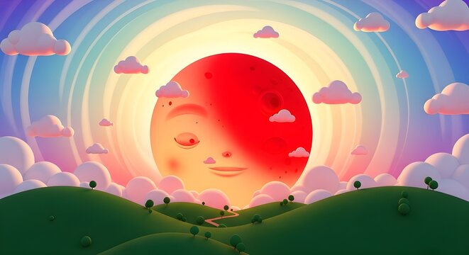 A whimsical sunset over rolling green hills with a smiling sun and fluffy clouds