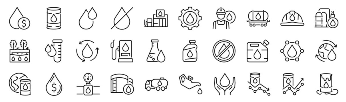 Set of 30 outline icons related to oil, fuel drop. Linear icon collection. Editable stroke. Vector illustration