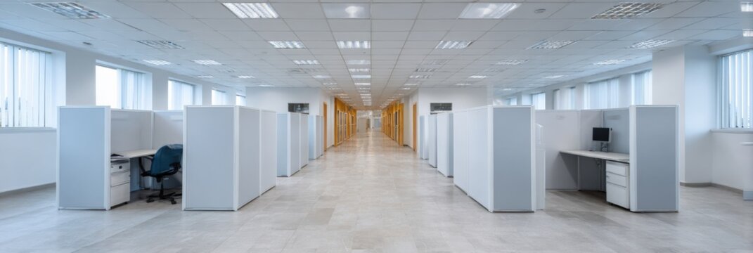 Spacious modern office open plan with rows of cubicles, white partitions, tiled floor, suspended ceiling and fluorescent lights in a long corridor