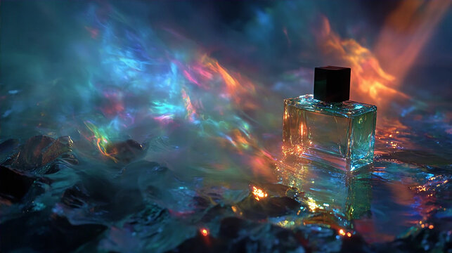 Luxury perfume bottle with vibrant rainbow light refraction