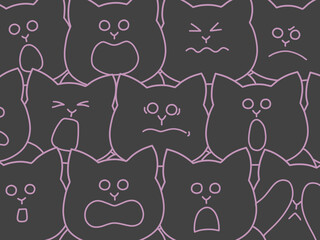 たくさんの猫が集まって様々なリアクションをしている観戦中イラスト　背景・ポスター・壁紙　ピンク&times;黒