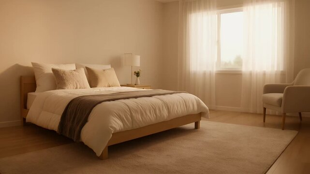 Serene and minimalist bedroom with soft neutral tones and natural light