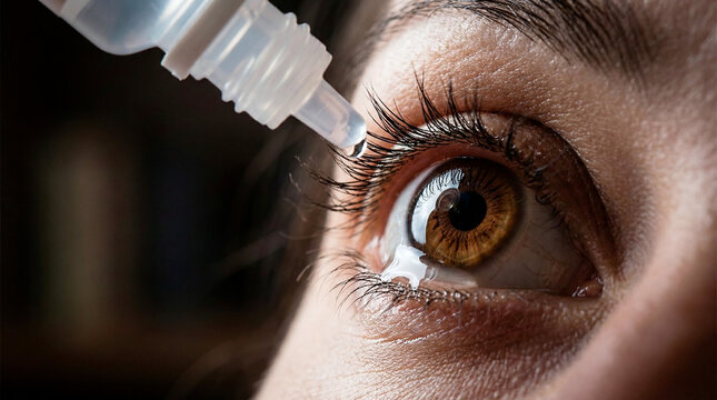 Close-up extreme macro shot of a human eye receiving eye drops from a dropper bottle