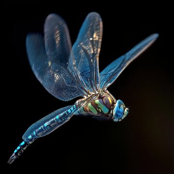 Una lib&eacute;lula azul iridiscente flota en la oscuridad, capturando la luz con sus alas transl&uacute;cidas.