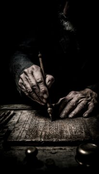 Manos arrugadas escribiendo con una pluma sobre pergamino antiguo.