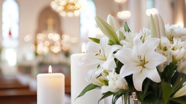 Elegant Wedding Ceremony Decor with White Lilies and Candles in a Beautiful Church Setting
