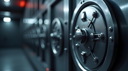 Fototapeta premium Heavy metal bank vault door close up for financial security and data protection concept