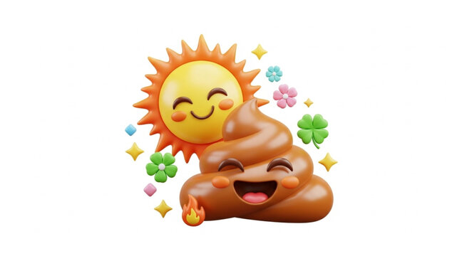 Cheerful sun and smiling poop character with lucky clovers and stars.