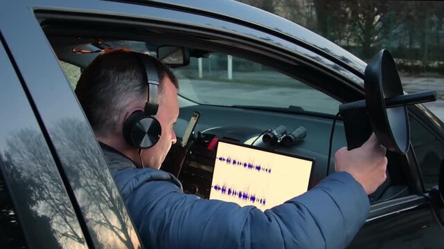 A person inside a vehicle intercepts street sounds using a directional microphone and laptop.