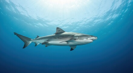 Fototapeta premium Majestic shark swims gracefully in clear ocean, light shining