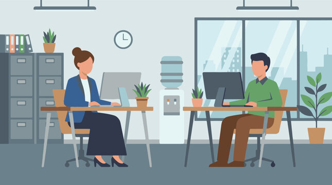 Office workers using computers at desks in a modern workspace illustration