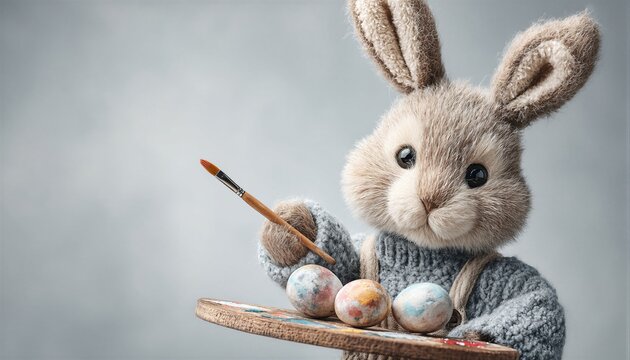 Un conejito artista pinta huevos de Pascua con dedicaci&oacute;n.
