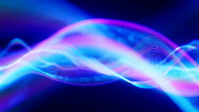 Bright Waves Ripple With Rhythm. Dynamic Neon Ribbons Dance To Ambient Sound And Music Visuals
