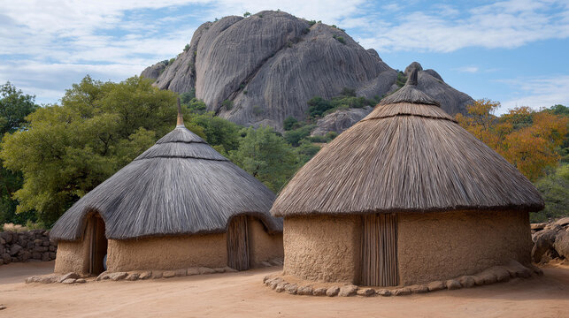 Local village with traditional Zimbabwean huts clay hay, Matobo Matabeleland province Zimbabwe Africa, indigenous dwelling representation, cultural housing visualization, with