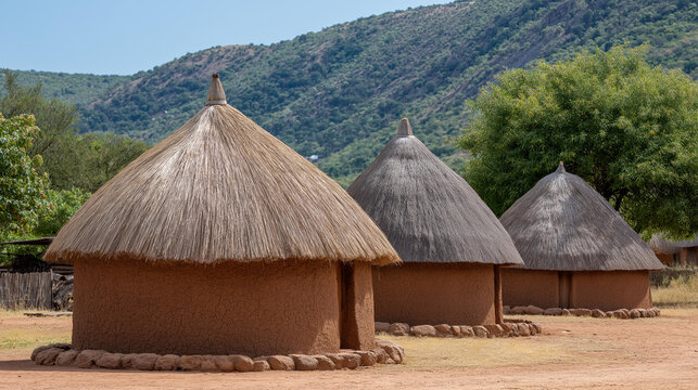 Local village with traditional Zimbabwean huts clay hay, Matobo Matabeleland province Zimbabwe Africa, indigenous dwelling representation, cultural housing visualization, with