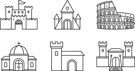 Historic Castle Church and Colosseum Line Icon Set with Medieval Fortress and Landmark Architecture Symbols