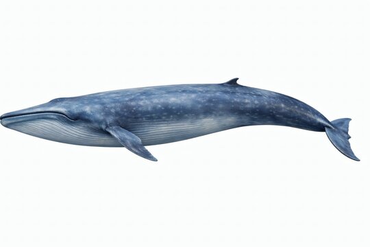 Blue whale isolated on white, side view massive scale photorealistic marine mammal full body detail
