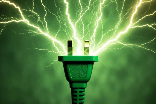 A plug emitting intense green electrical energy. Lightning is surging from the outlet, suggesting a power overload. A dark background indicates an indoor setting.
