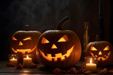 Fototapeta premium Spooky jack o lanterns glowing brightly on wooden table with candles