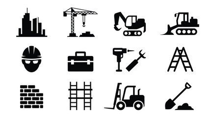 Urban construction icons set including building crane excavator bulldozer hard hat toolbox drill ladder brick wall scaffolding forklift and shovel on white background for labor day © Pronab