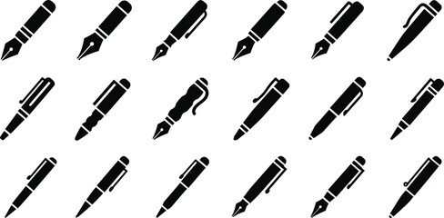 Pen and Fountain Pen Silhouette Set Writing Instrument Collection Isolated on White Background Vector Illustration
