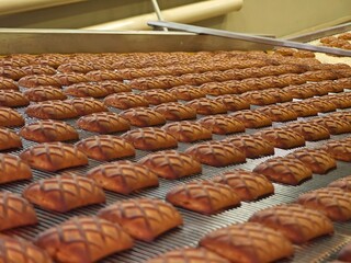 Golden brown cookies moving on an industrial conveyor belt in a food factory, representing mass production.