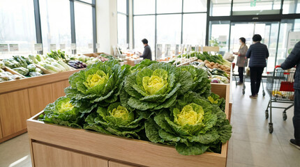 Fresh Bomdong Cabbage Display in Modern Korean Grocery Store