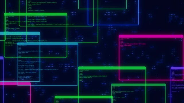 Abstract Futuristic Background Featuring Floating Neon Code Windows In Green, Pink, And Blue Colors Drifting Through A Dark Digital Space. Glowing Html And Javascript Syntax Windows Layered In 3d